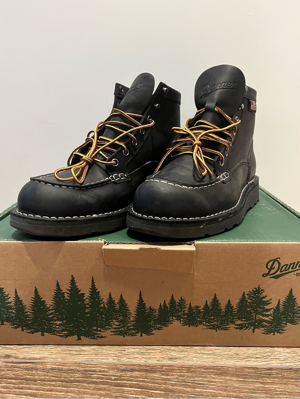 Danner Black Moc Toe Work Boots with Brown and Gold Laces